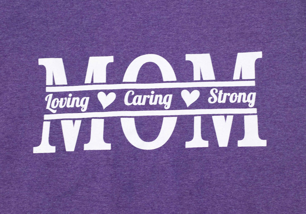 Purple t-shirt with Mom Loving Caring Strong Heart Graphic