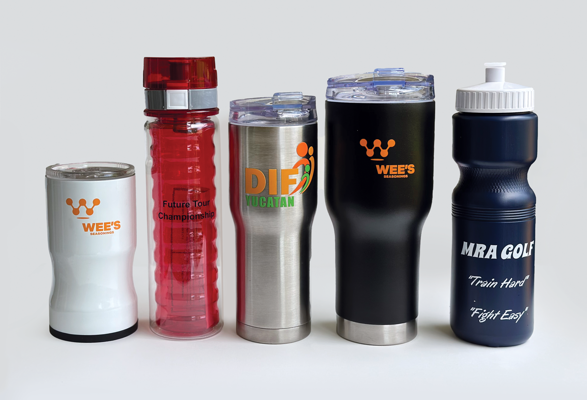 group of different size tumblers customized with logo printing